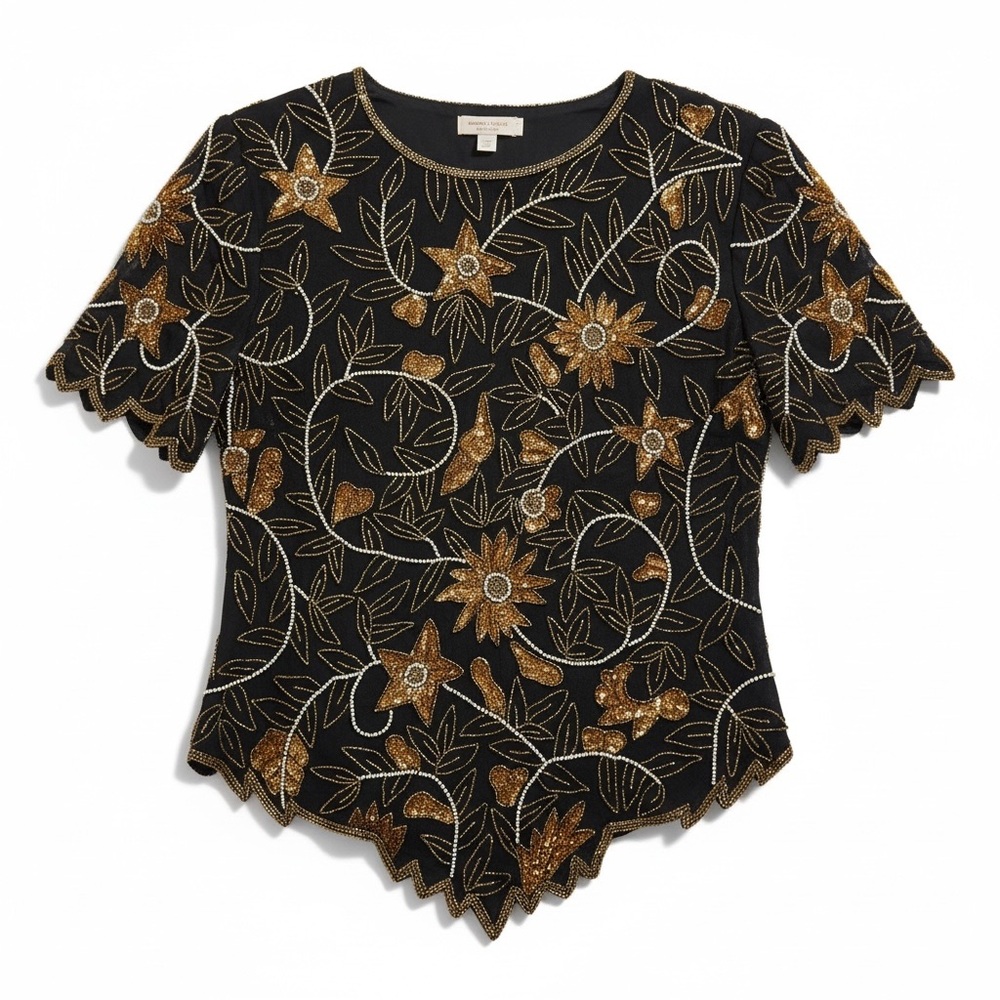 Laurence Kazar Black Top with Gold Embroidery